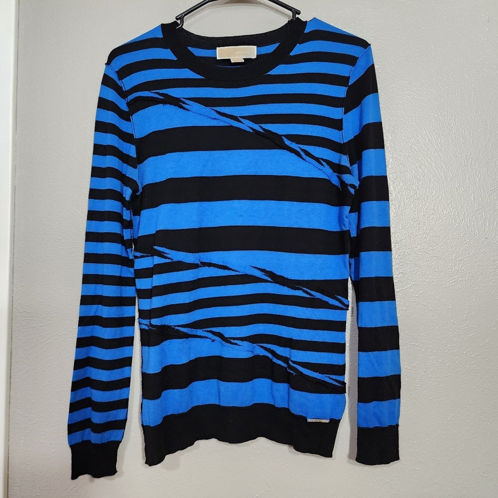 Michael Kors Shirt Women's Size Medium Blue And Black Striped Long Sleeve